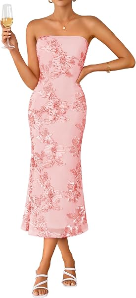 ZESICA 2026 Summer Strapless Floral Cocktail Wedding Guest Dress for Women