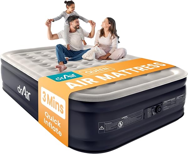 Dr. Air Queen Air Mattress with Built-in Pump, 18" Raised Blow Up Mattress…