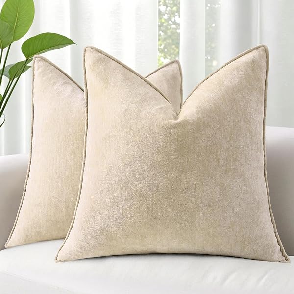 Pallene Fall Beige Soft Chenille Velvet Throw Pillow Covers 18x18 Set of 2