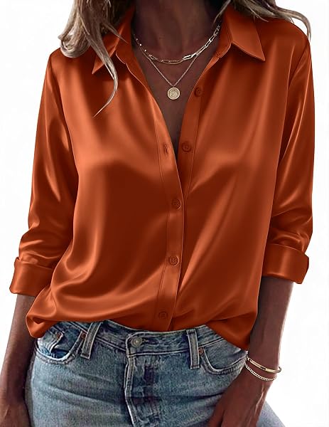 Zeagoo Womens Tops Long Sleeve Satin Silk Button Down Shirts Dressy Blouses