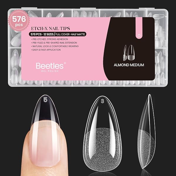 Beetles Medium Almond Nail Tips 576pcs 12 Sizes Pre-Etched Soft Gel Tips
