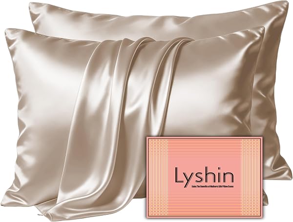 LYSHIN Silk Pillow Cases 2 Pack Standard Size with Zipper, Champagne