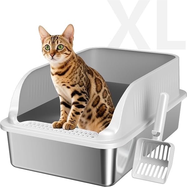 Stainless Steel Cat Litter Box with Lid, XL Metal High Sided Litter Box
