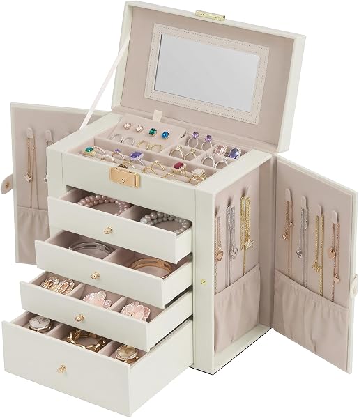 SONGMICS HOME Jewelry Box, 5-Tier Large Organizer, PU Leather, White
