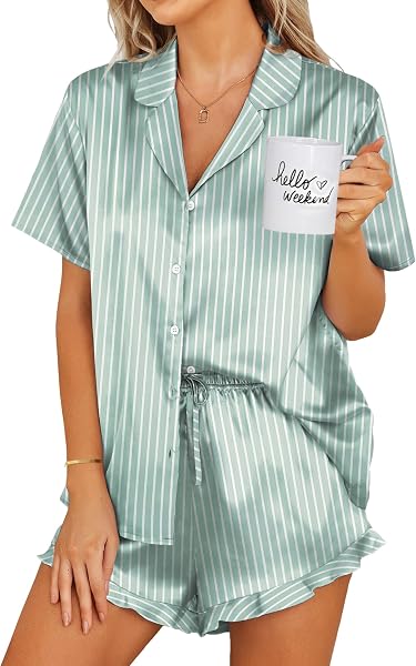 Ekouaer Womens Satin Pajamas Set Button Down 2 Piece Silk Pjs Shorts Set…