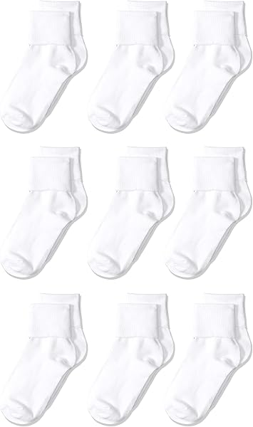 Amazon Essentials Girls and Toddlers' Cotton Blend Ankle Uniform Turn Cuff Socks, 9 Pairs