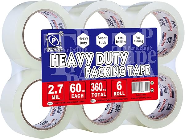 P PERFECTAPE Heavy Duty Packing Tape 6 Rolls, Clear, 2.7 Mil, 1.88" X 60Y