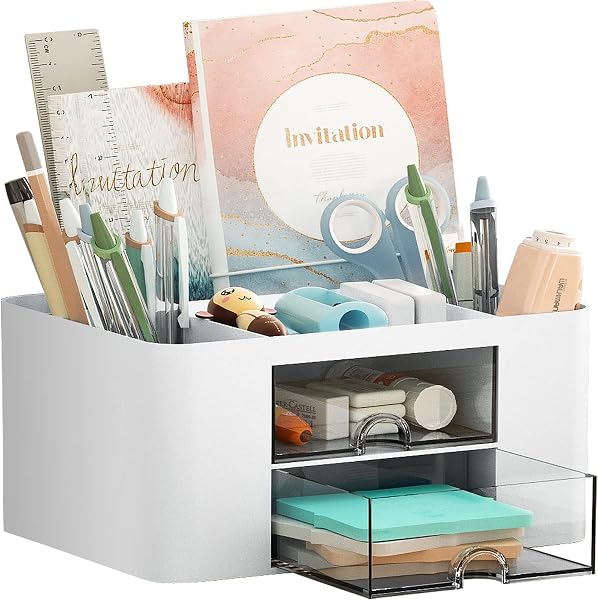 Marbrasse Pen Organizer with 2 Drawer, Multi-Functional Pencil Holder for…