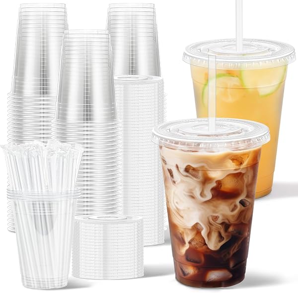 Clawsoff 100 Pack 16 oz Disposable Clear Plastic Cups with Lids and Straws