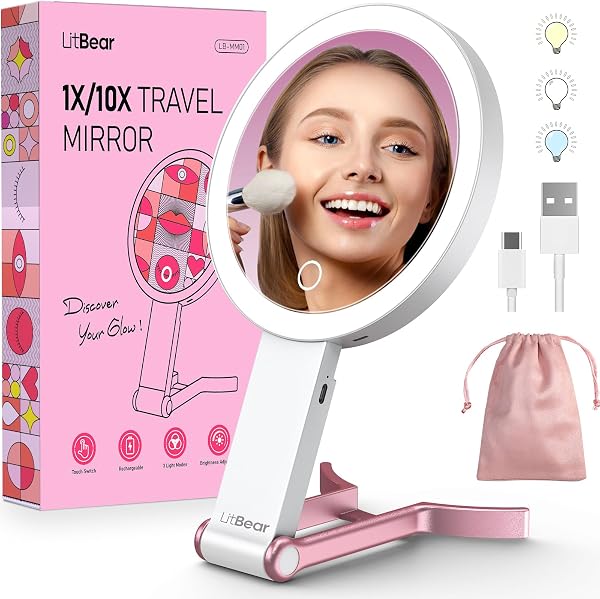 LitBear Travel Makeup Mirror with Lights, Rechargeable Double-Sided 10X/1X…