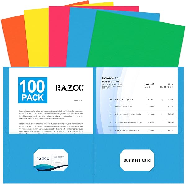 Two Pocket Folders, RAZCC 100 Pack File Folders with Pockets Fit Letter Size…