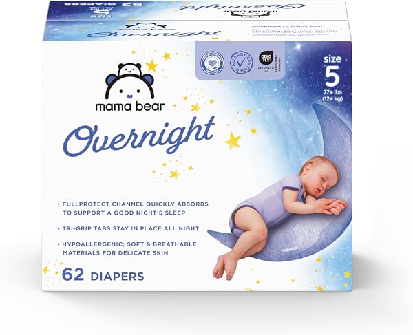 Amazon Brand - Mama Bear Overnight Baby Diapers with Leak Protection and Skin Protection, Fragrance-Free, Size 5, 62 Count, Maximum Absorbency