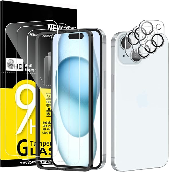 NEW'C for iPhone 15 Screen Protector + Camera Lens Protector