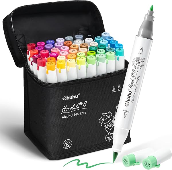 Ohuhu Alcohol Markers Brush& Fine 48 Colors for Adults Coloring Refillable