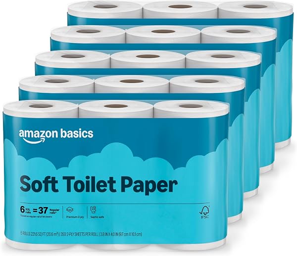 Amazon Basics 2-Ply Soft Toilet Paper, 30 Rolls (5 Packs of 6), 350 Sheets…