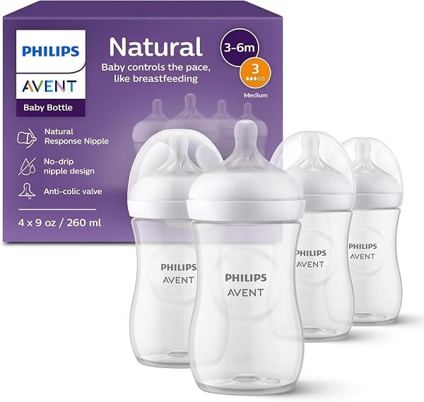 Philips Avent Natural Baby Bottles, Medium Flow, 9 Oz, BPA-Free, 4-Pack