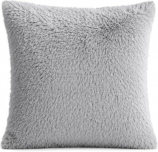 REAFORT Long Hair Faux Fur Euro Sham Cover 26"x26", Hidden Zipper (Grey)