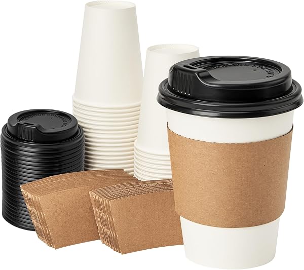 RACETOP 12 Oz 50 Pack Disposable Paper Coffee Cups with Lids and Sleeves