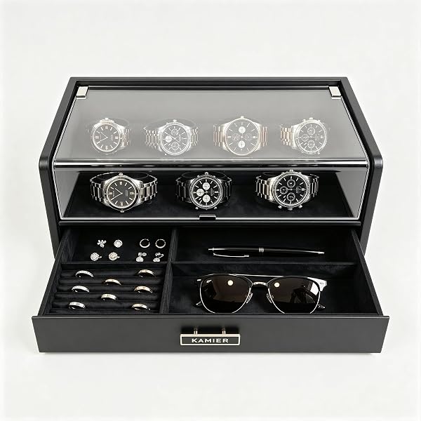 KAMIER 7 Slot Watch Box for Men, PU Leather Watch Display Case with Lid