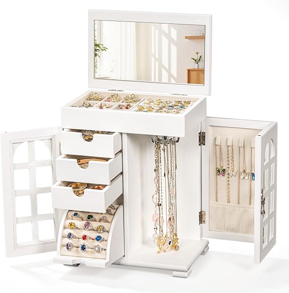 Honiway Jewelry Boxes for Women, 5 Layer Wooden Jewelry Box with Drawer &…