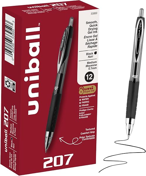 Uniball™ 207 Gel Pens, Black Ink, 0.7mm Medium Point, Retractable, 12 Count