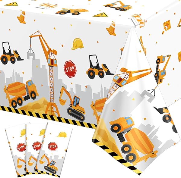 3 Pack Plastic Construction Tablecloths, Disposable Birthday Tablecloth