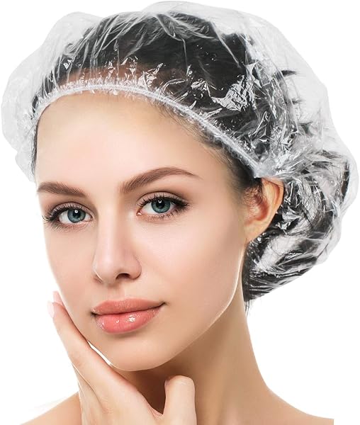Auban 100PCS Disposable Shower Caps, Plastic Clear Hair Cap Large Thick…