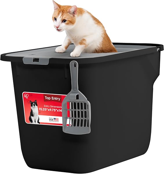 IRIS USA Large Top Entry Cat Litter Box, Hooded Privacy, Black/Gray