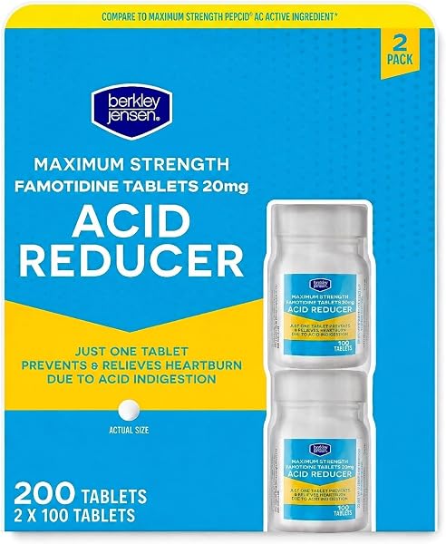 berkley jensen Maximum Strength Famotidine 20 mg, Acid Reducer Tablets, Relieves Meal-Induced Heartburn & Acid Indigestion Symptoms, All-Day Heartburn Prevention & Relief, 100 Count (Pack of 2)