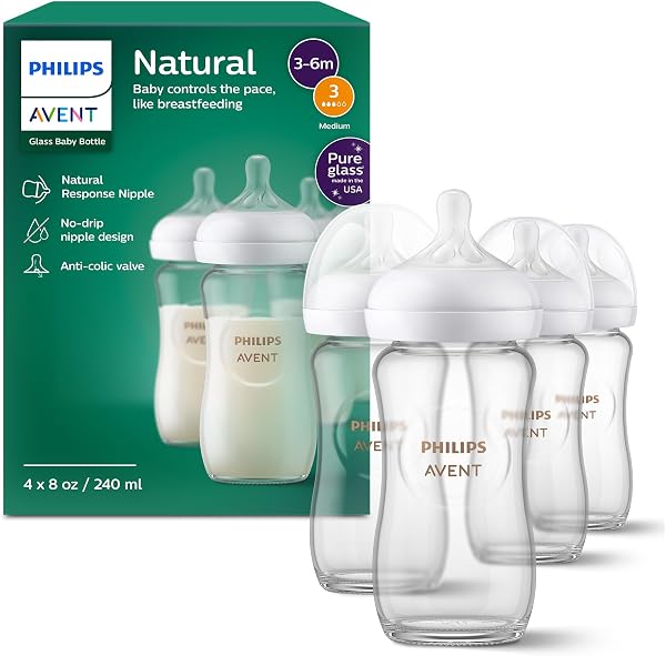 Philips Avent Natural Glass Baby Bottles, Medium Flow, 8 Oz, BPA-Free