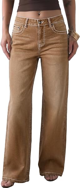 Sidefeel Women's Wide Leg Jeans Mid Rise Stretchy Jeans Denim Pants