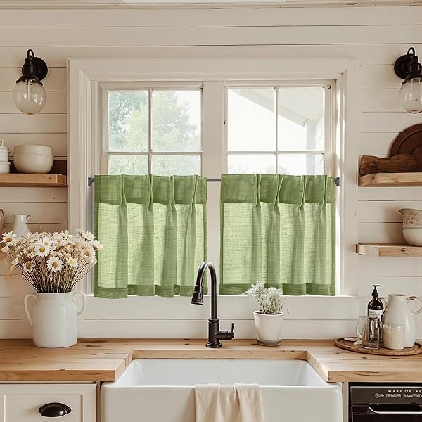 Jinchan Linen Pinch Pleated Back Tab Tier Curtains, 26x24, Green