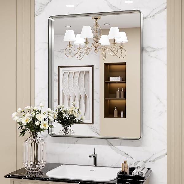 LOAAO 20X30 Inch Brushed Nickel Bathroom Mirror, Rounded Rectangle Silver…