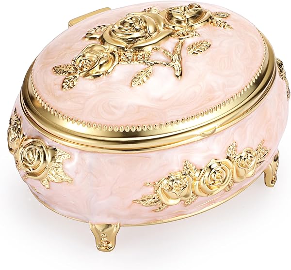 Hipiwe Vintage Metal Jewelry Box Small Oval Trinket Chest Carved Gold Rose