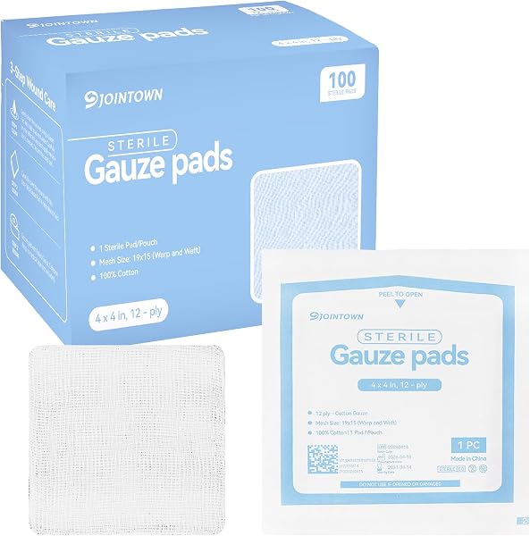 Jointown 100-Pack Sterile Gauze Pads 4x4 Inch, 100% Cotton Large 12-Ply Woven Gauze Sponges, Wound Care, Highly Absorbent Medical-Grade First Aid Dressing Pads