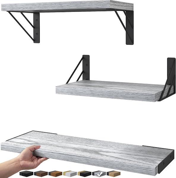 BAYKA Wall Shelves for Bedroom Decor, Floating Wall Shelves for Living Room Kitchen Storage, Mounted Rustic Wood Floating Shelves for Kids Books,Corner Shelves for Bathroom(Gray White?Set of 3)