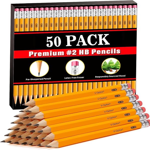 V-Opitos Wood-Cased #2 HB Pencils, 50 Pack Bulk Yellow Pencils with Erasers…