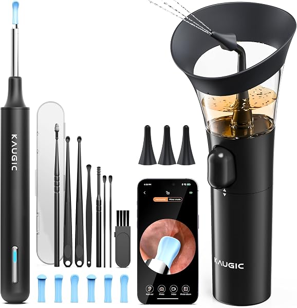 KAUGIC Ear Cleaner with Camera, Manual Wax Removal Kit, 7 Spoons, Black