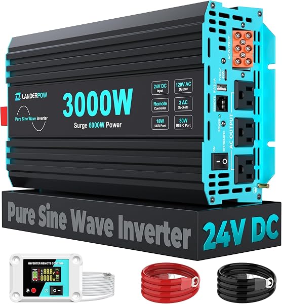 3000 Watt Pure Sine Wave Inverter 24V DC to 120V AC for RV, Truck, Solar…