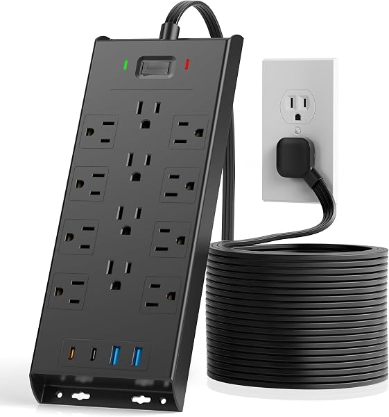 Surge Protector Power Strip 4800J, LeZone 10Ft Long Extension Cord Flat Plug…