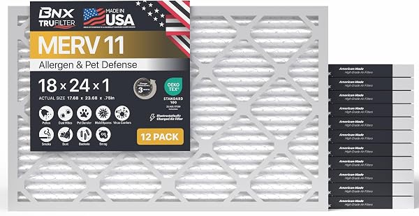 BNX TruFilter 18x24x1 Air Filter MERV 11 (12-Pack) - MADE IN USA - Allergen Defense Electrostatic Pleated Air Conditioner HVAC AC Furnace Filters for Allergies, Dust, Smoke, Allergy MPR 1200 FPR 7