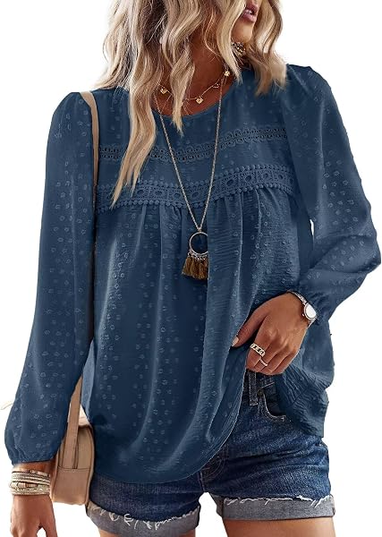 Falechay Womens Tops Flowy Boho Dressy Casual Lace Cute Long Sleeve Shirts