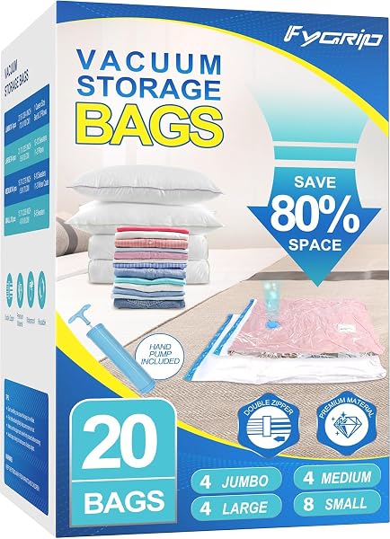 Fygrip 80% Space Saver Vacuum Storage Bags with Hand Pump, 20 Combo