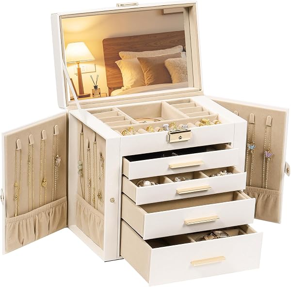 Synthetic Leather Huge Jewelry Box Organizer for Women, Lockable