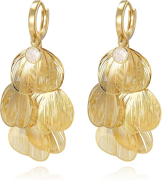 Boho Flower Layered Floral Leaf Drop Dangle Earring for Women,Metal CZ Gold…