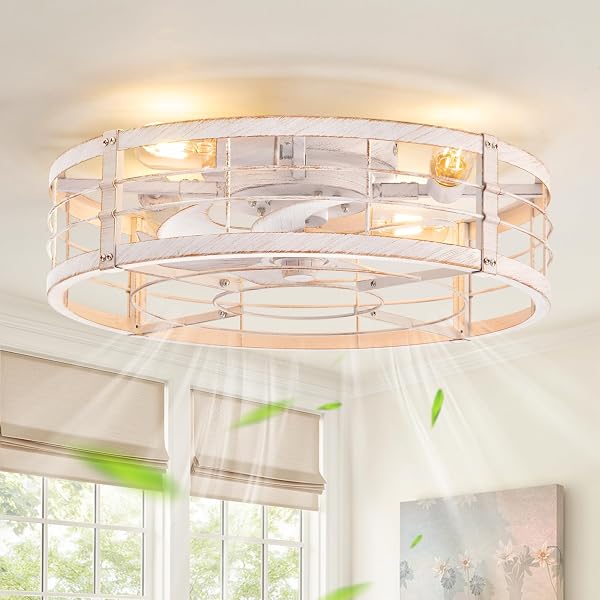 LEDIARY 20" White Gold Caged Low Profile Ceiling Fan with Light and Remote