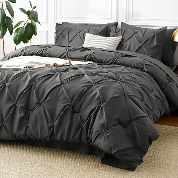 CozyLux King Size Comforter Set Dark Grey, 7 Pieces Pintuck Bed in a Bag