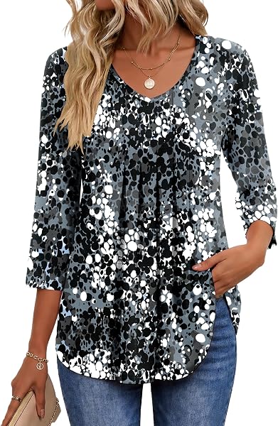 Ekouaer 3/4 Length Sleeve Womens Tops V Neck Blouses Pleated Casual Shirts