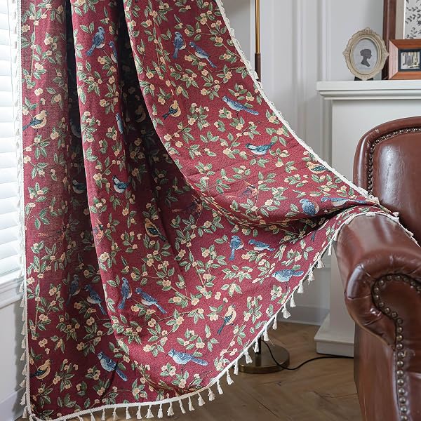 ENJOYBRIDAL Floral 63 Inch Curtains for Living Room Maroon Drapes Bird…