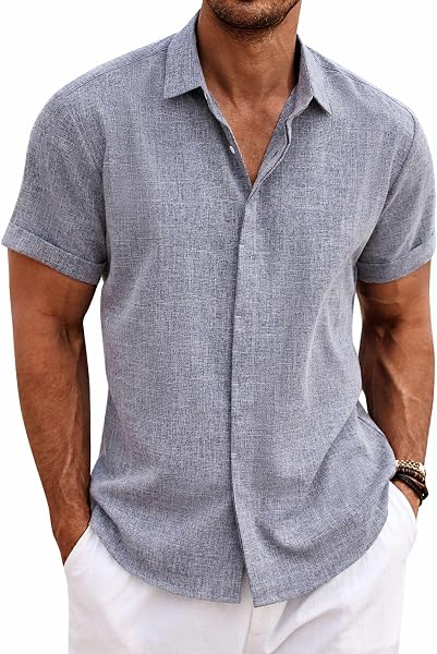 COOFANDY Men's Linen Shirts Short Sleeve Casual Shirts Button Down Shirt for…